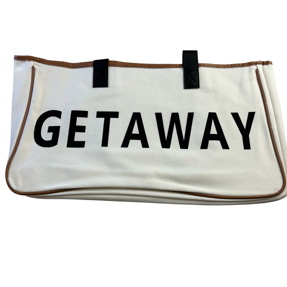 Getaway Canvas Tote Bag Cream Brown Trim Weekend Travel Beach Bag NEW
